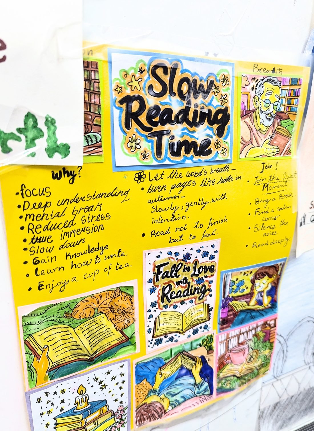 A hand-made classroom poster titled Slow Reading Time listing reasons to read slowly